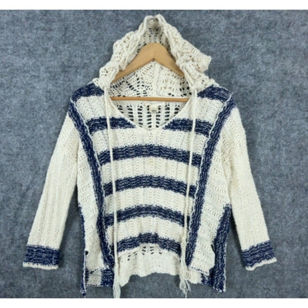 Lovestitch Hooded Sweater Womens XS Cream Blue Striped Crochet Light Grunge